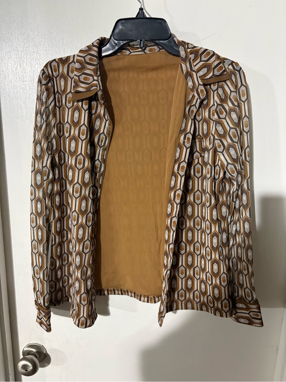 Geometric Print Open Front Blouse - Brown